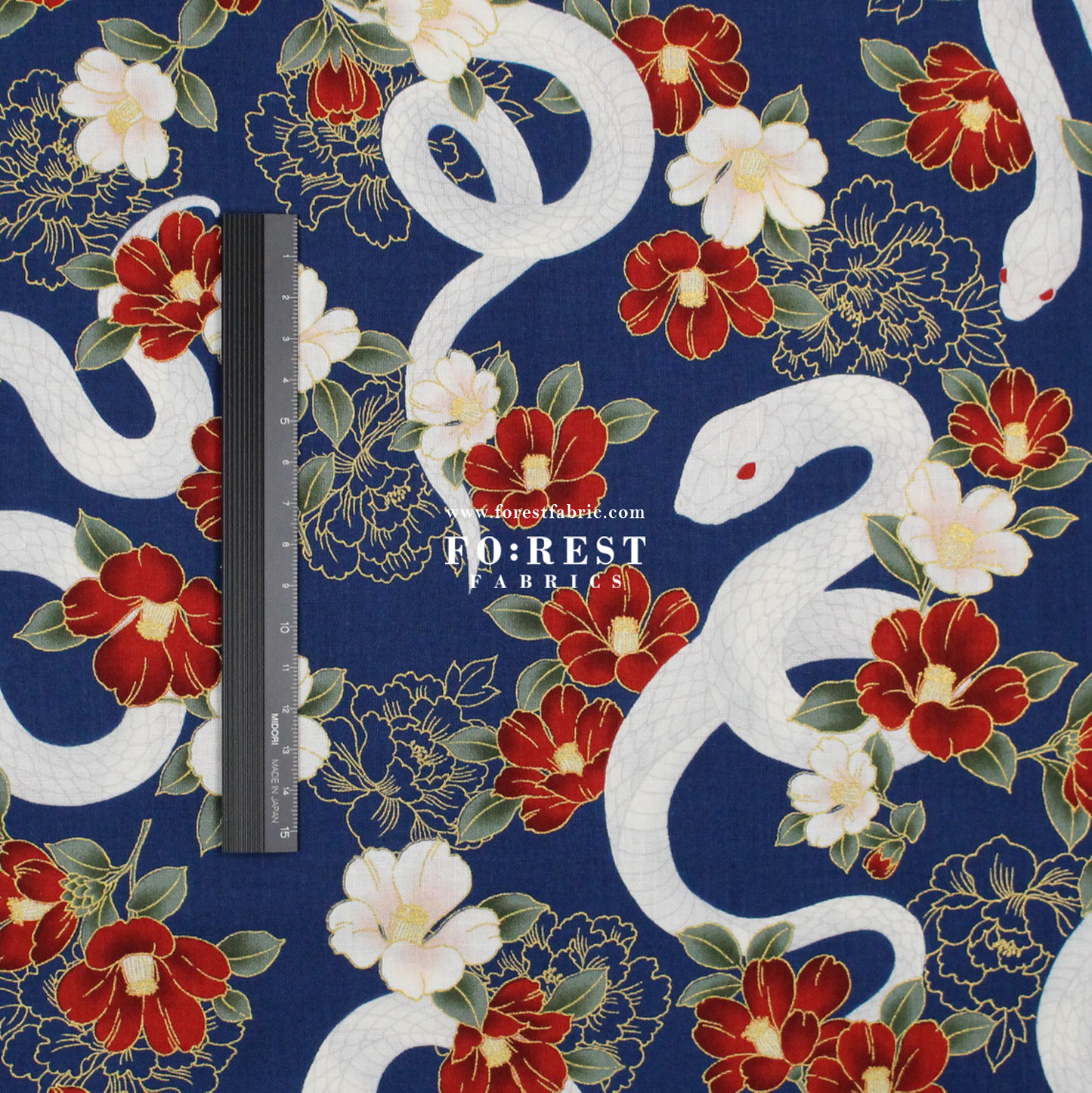 cotton - Sanke Peony金彩白蛇 fabric Navy