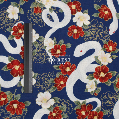 cotton - Sanke Peony金彩白蛇 fabric Navy