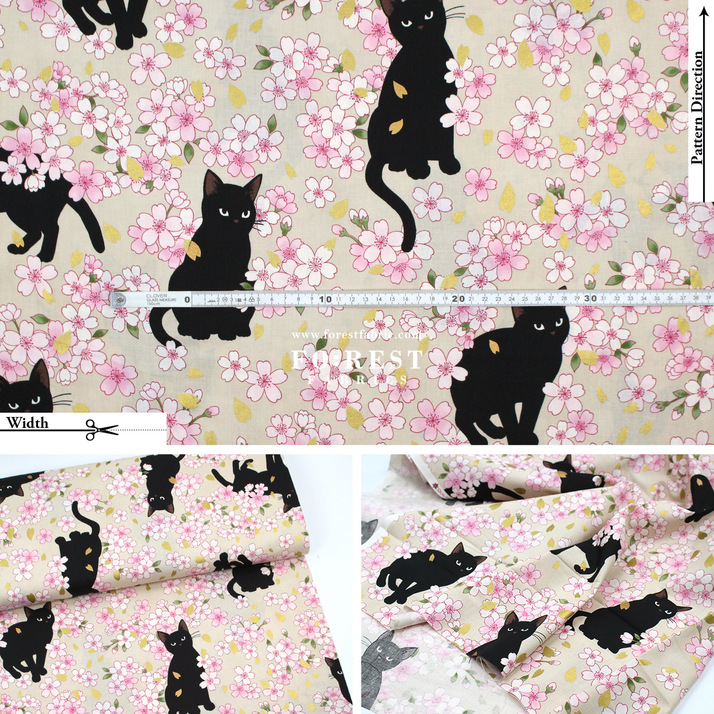 cotton - Sakura Blooms cat fabric Cream