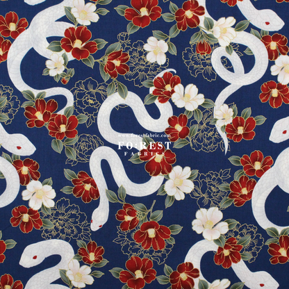 cotton - Sanke Peony金彩白蛇 fabric Navy