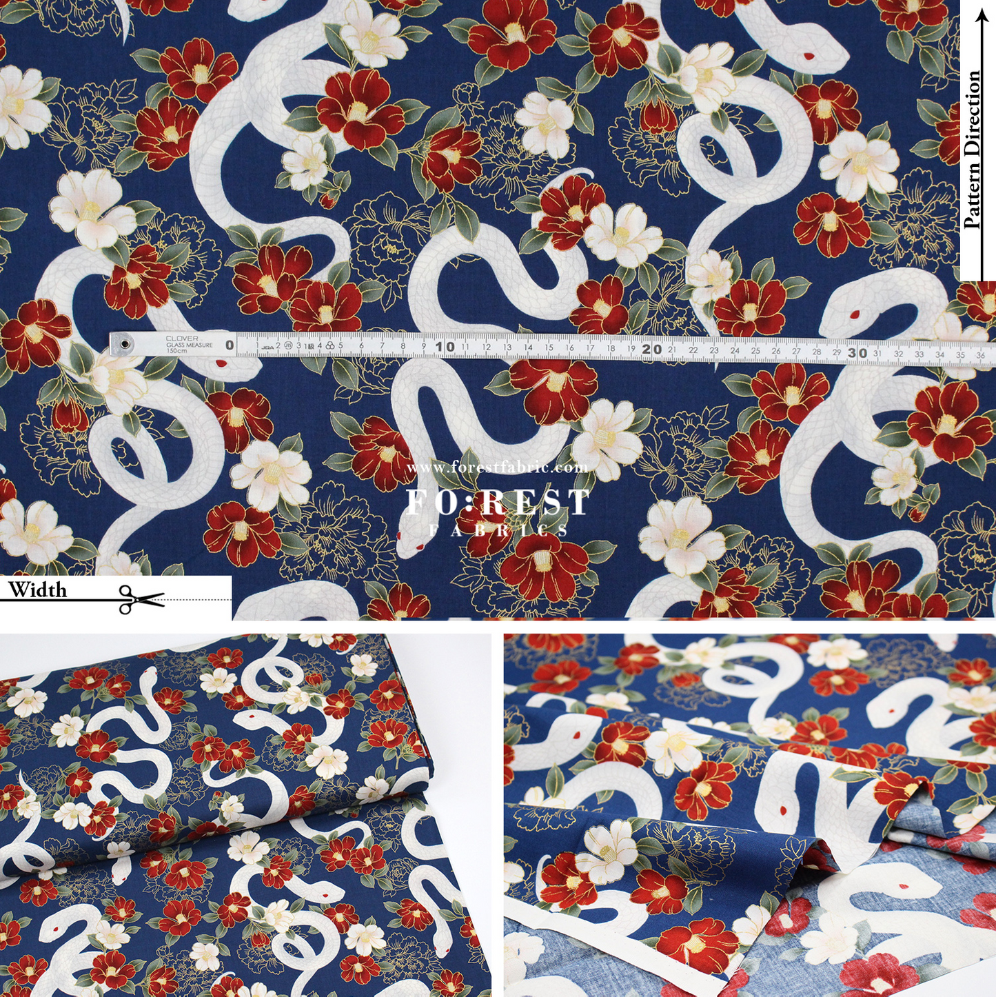 cotton - Sanke Peony金彩白蛇 fabric Navy