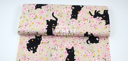 cotton - Sakura Blooms cat fabric Cream