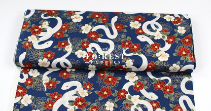 cotton - Sanke Peony金彩白蛇 fabric Navy