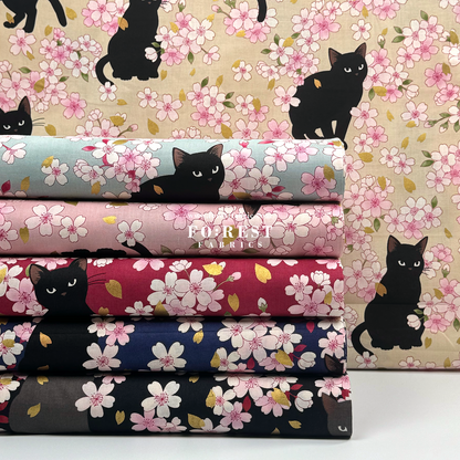 cotton - Sakura Blooms cat fabric Blue