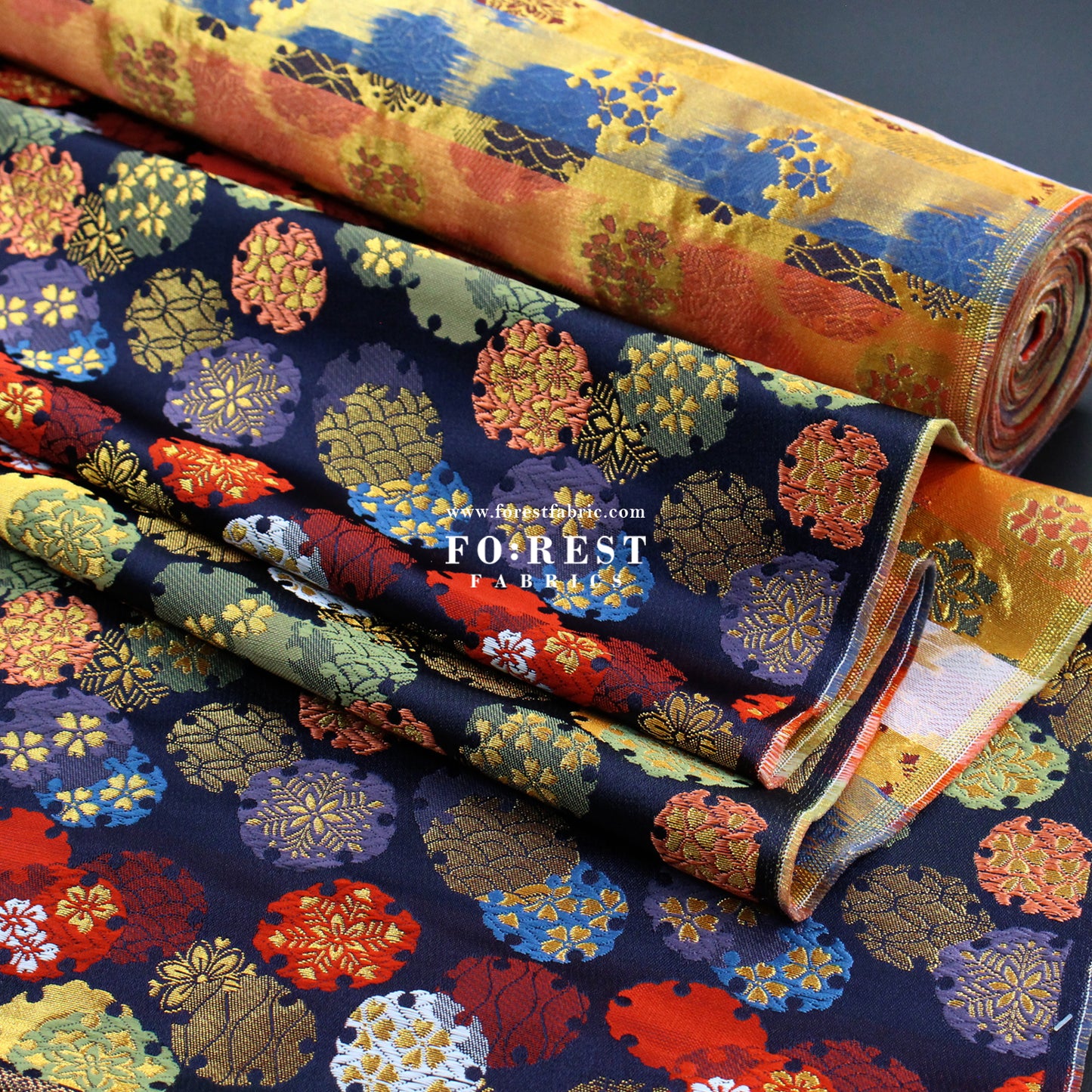 Gold Brocade - Yukiwa Snow 雪輪 fabric NAVY