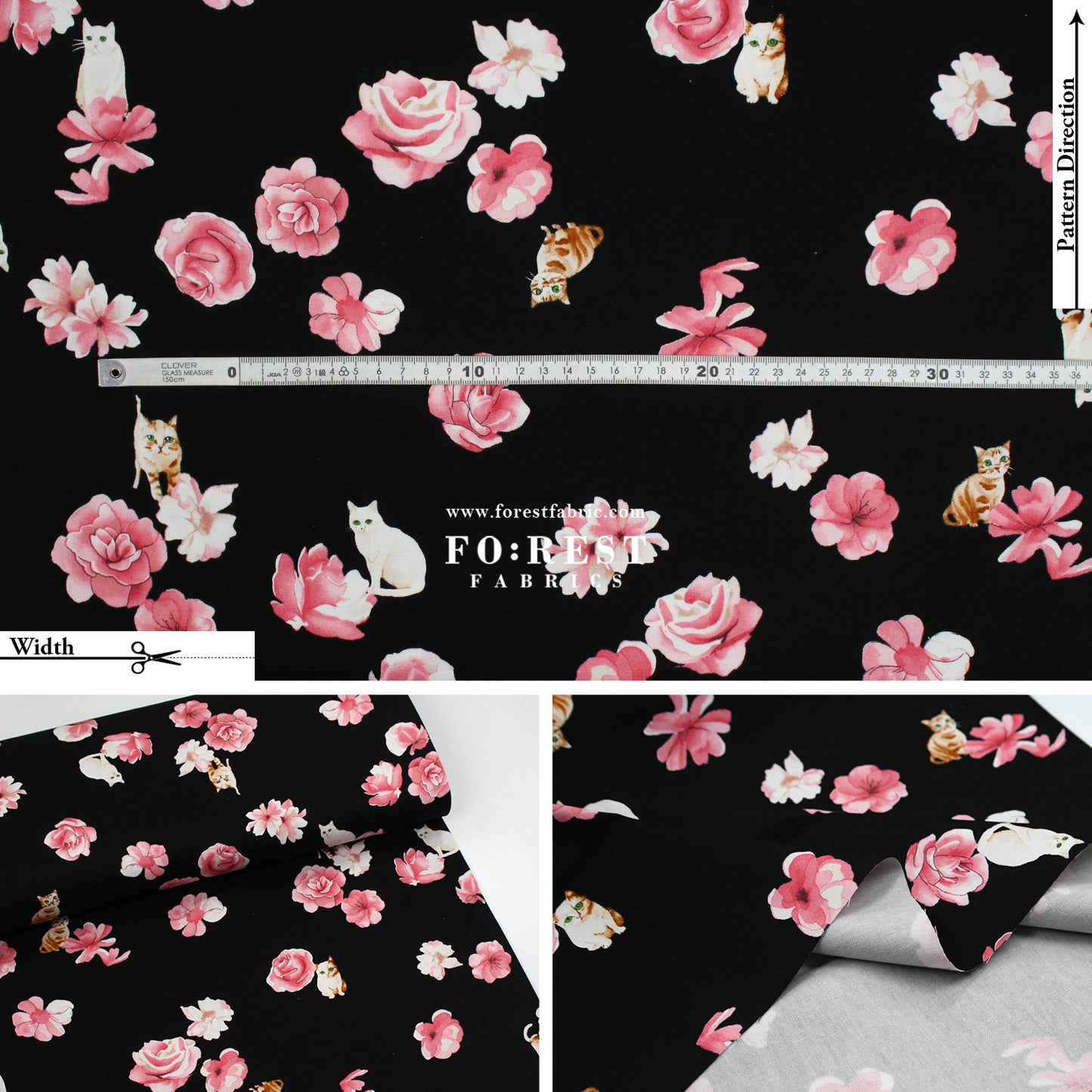 oxford - Rose Cats fabric Black