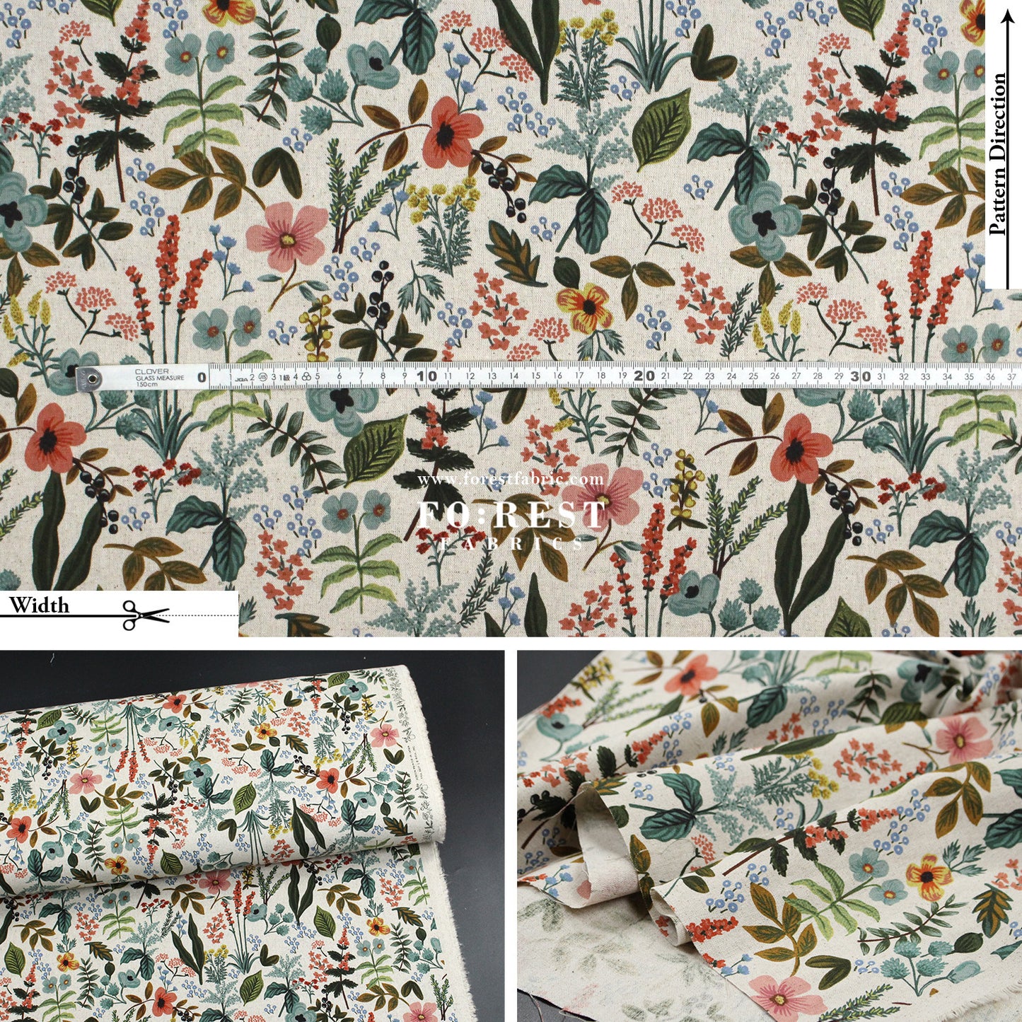 cotton Linen Canvas - Herb Garden Floral fabric NATURAL