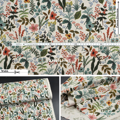 cotton Linen Canvas - Herb Garden Floral fabric NATURAL