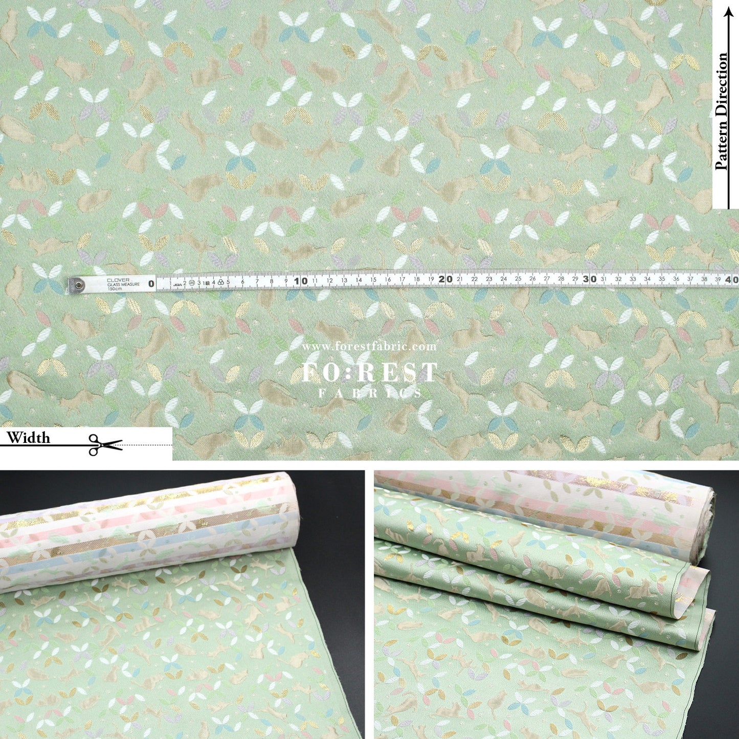 Gold Brocade - Shippo Cats fabric Light Green