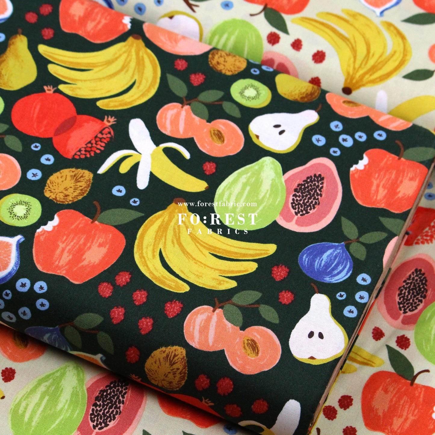 cotton - orchard Fruit Stand - Dark Green fabric