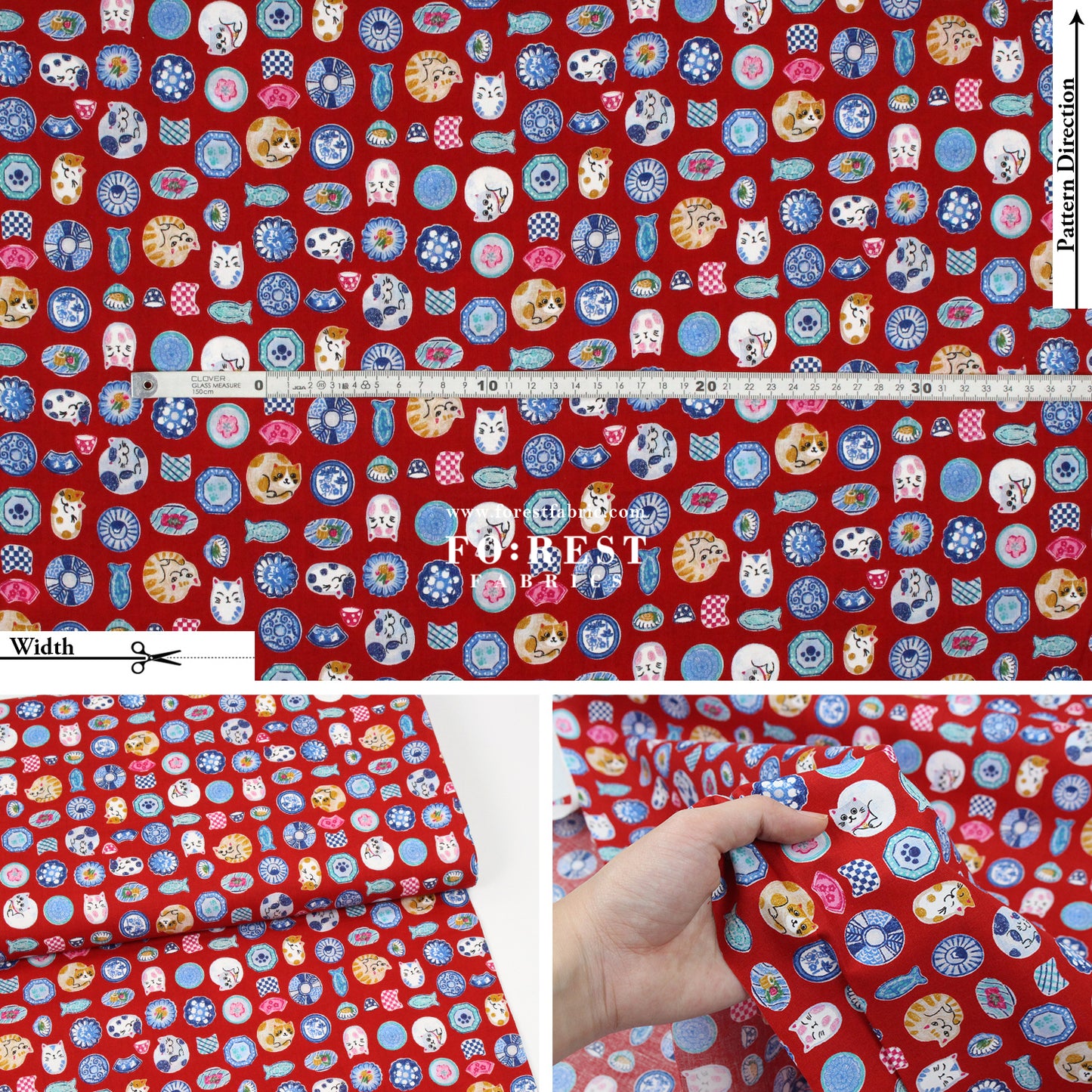 cotton - Cat Bowls & Dishes fabric Red