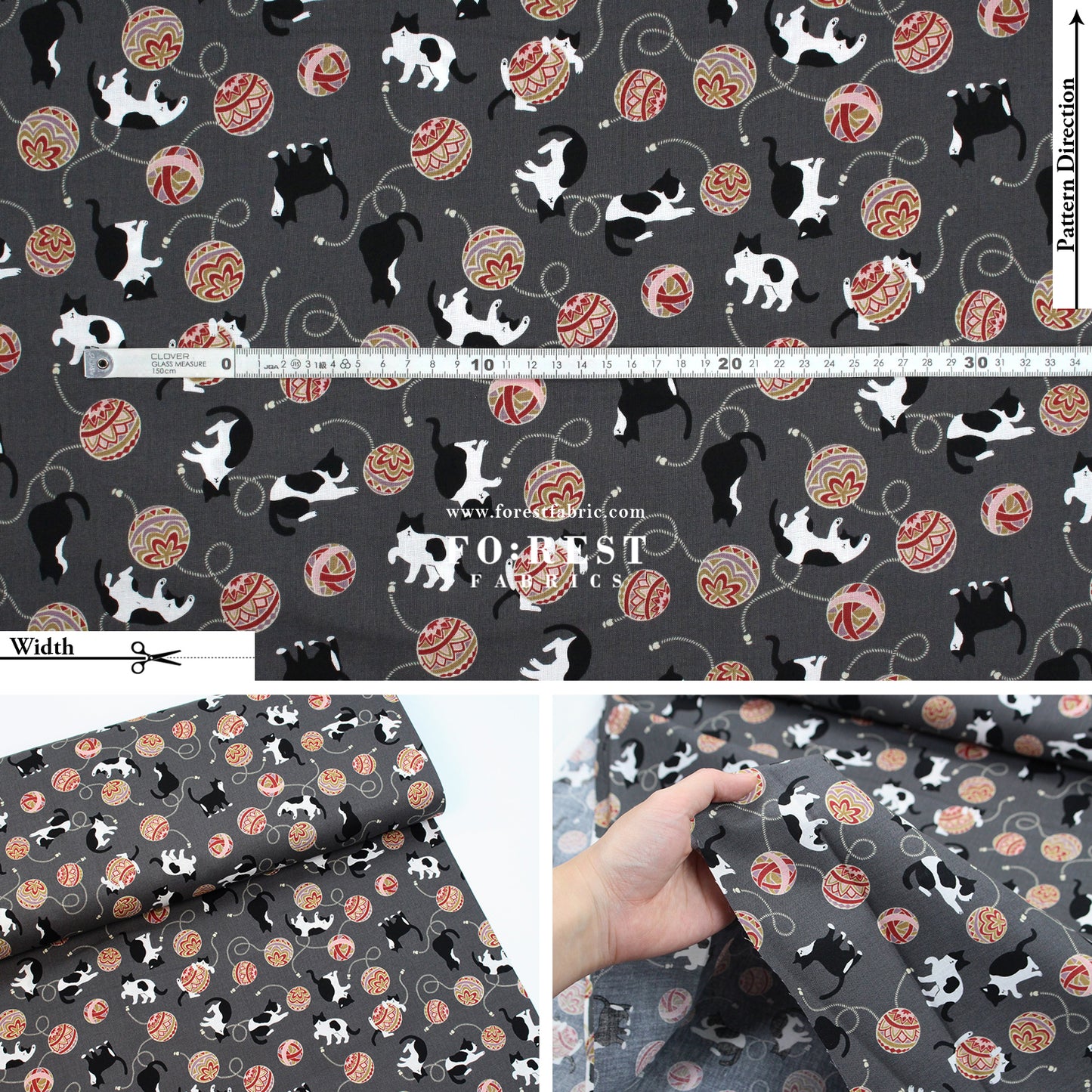 cotton - Cute Ball Cats fabric Charcoal