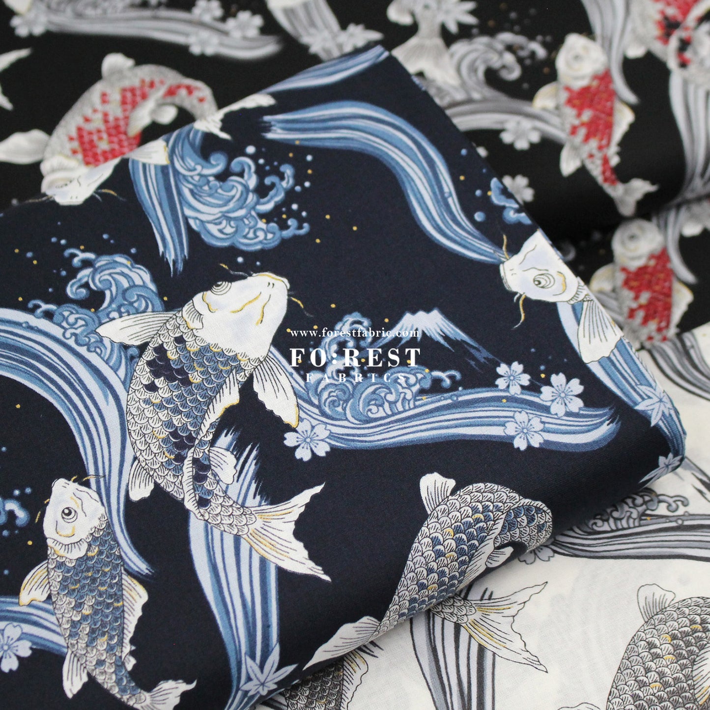 cotton - Koi Fuji mountain with metallic fabric Navy