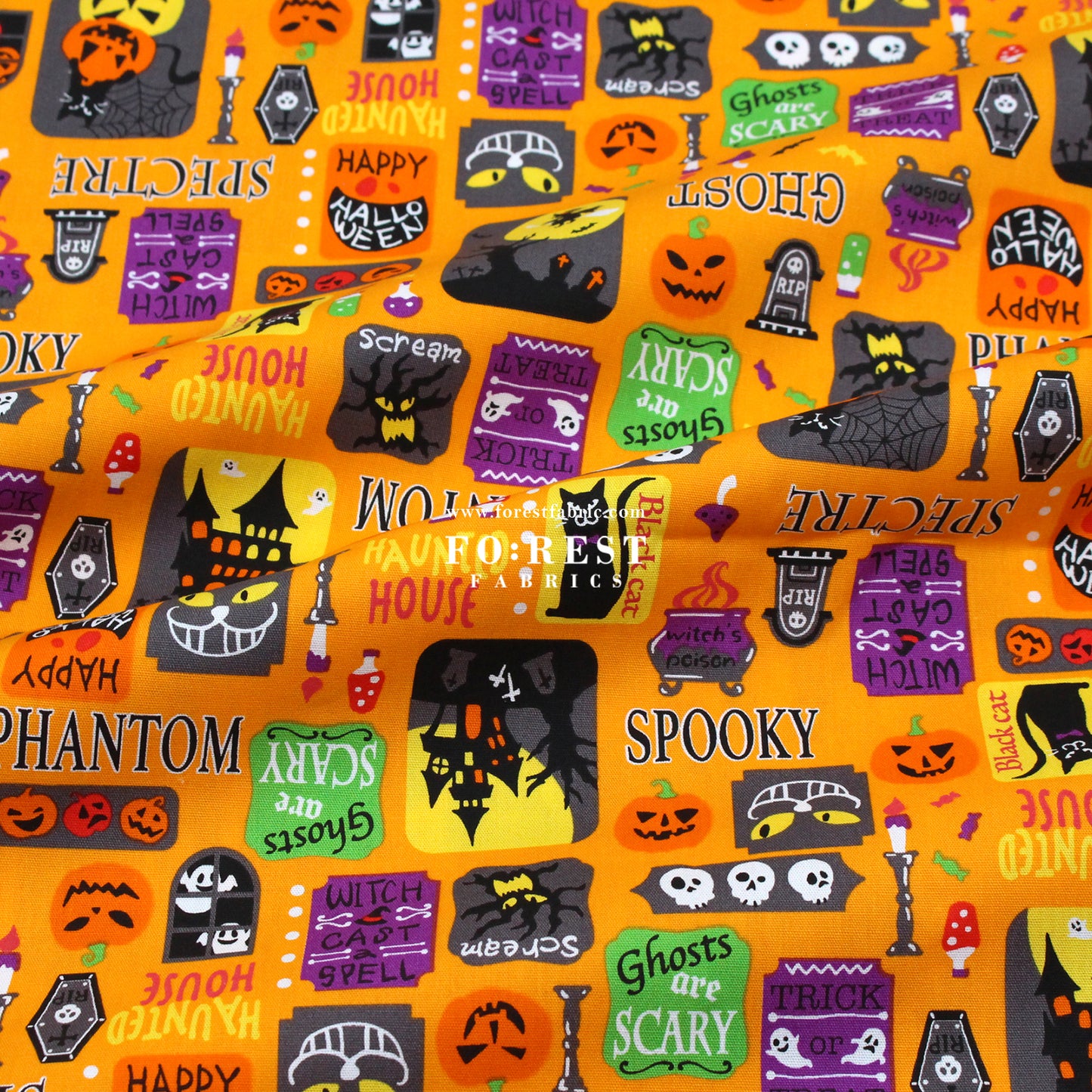 cotton - Halloween CATS fabric Orange