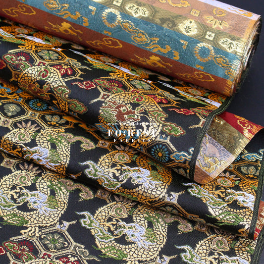Gold Brocade - Dragon fabric Black