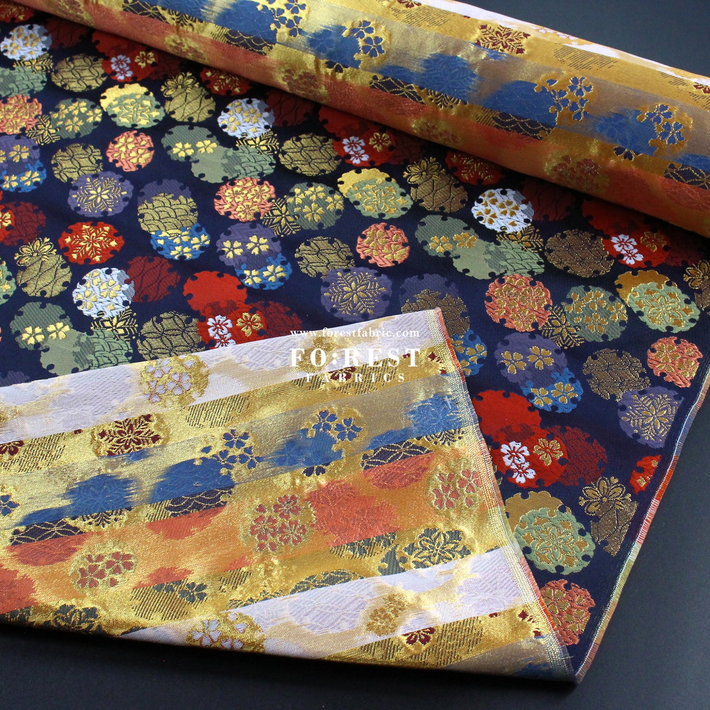 Gold Brocade - Yukiwa Snow 雪輪 fabric NAVY