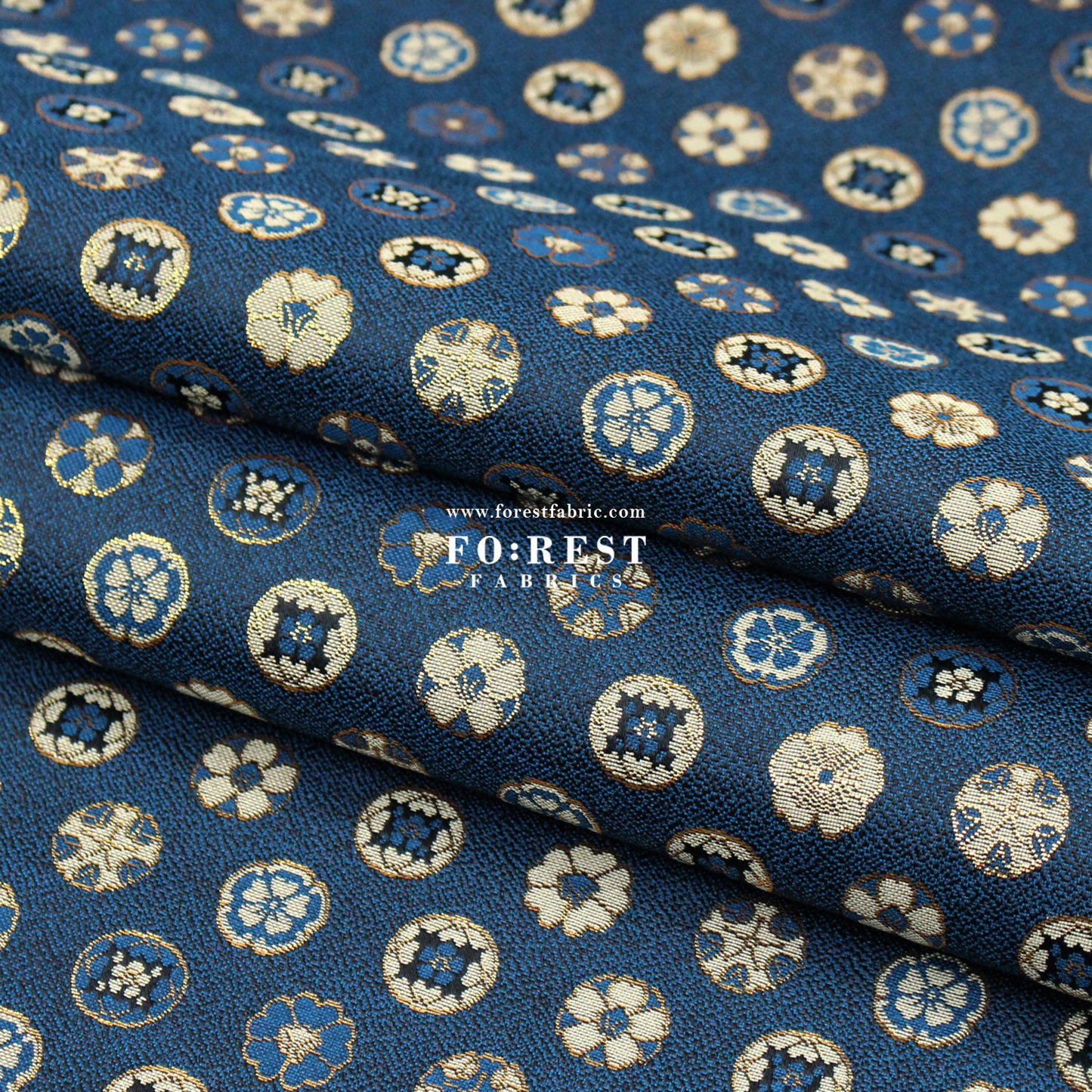 Gold Brocade - Kamon Family crest fabric Navy