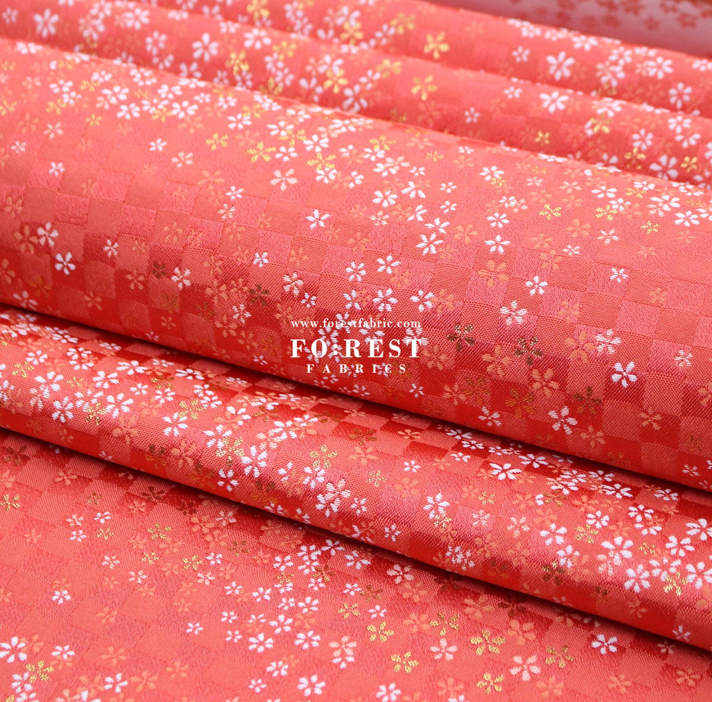 Gold Brocade - Tiny Flower grid fabric Orange Red