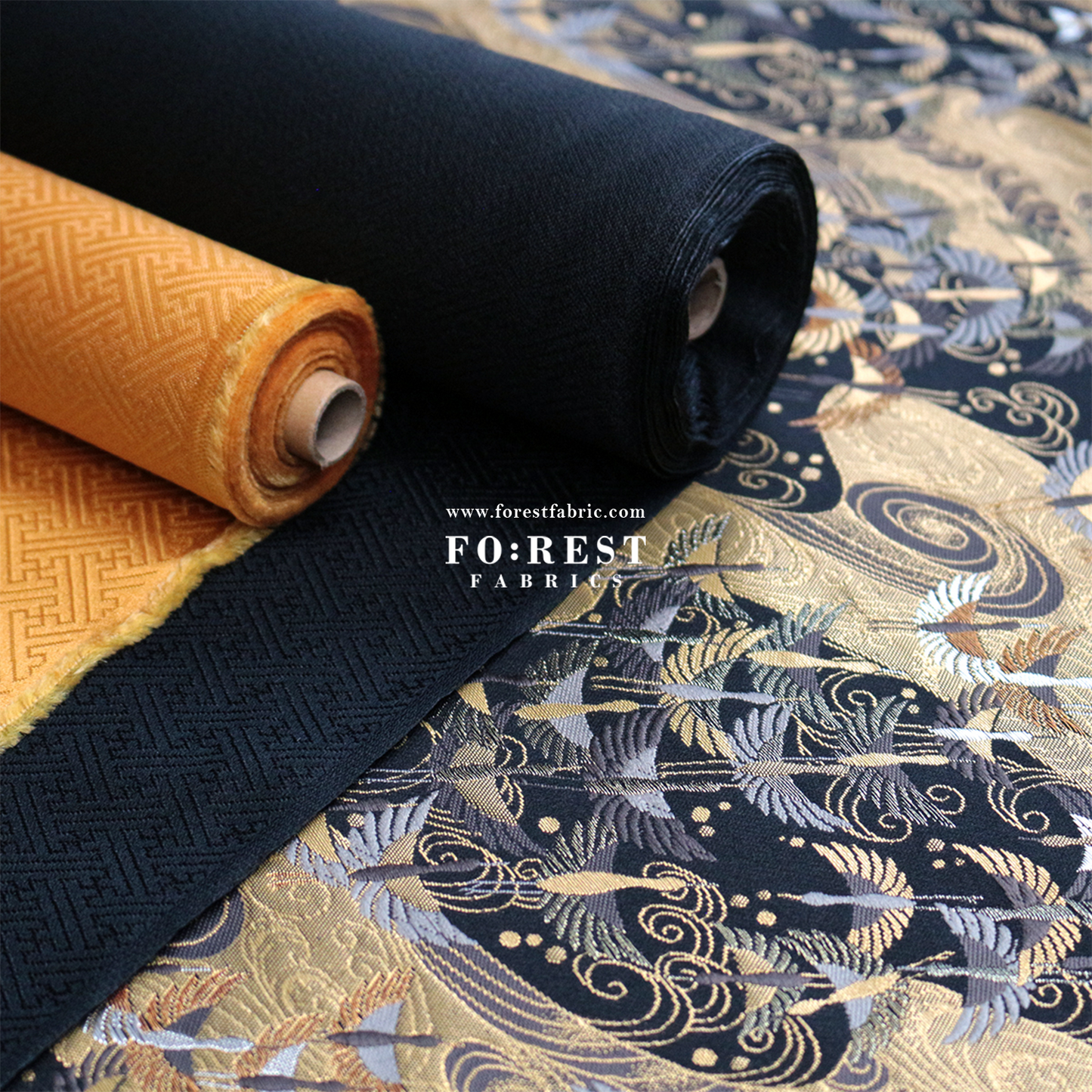 Gold Brocade - In the Sky fabric BLACK