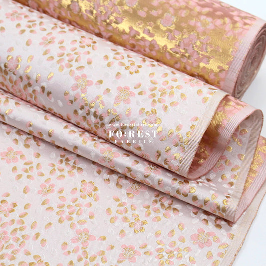 Gold Brocade - Flowing sakura Flower fabric WhitePink