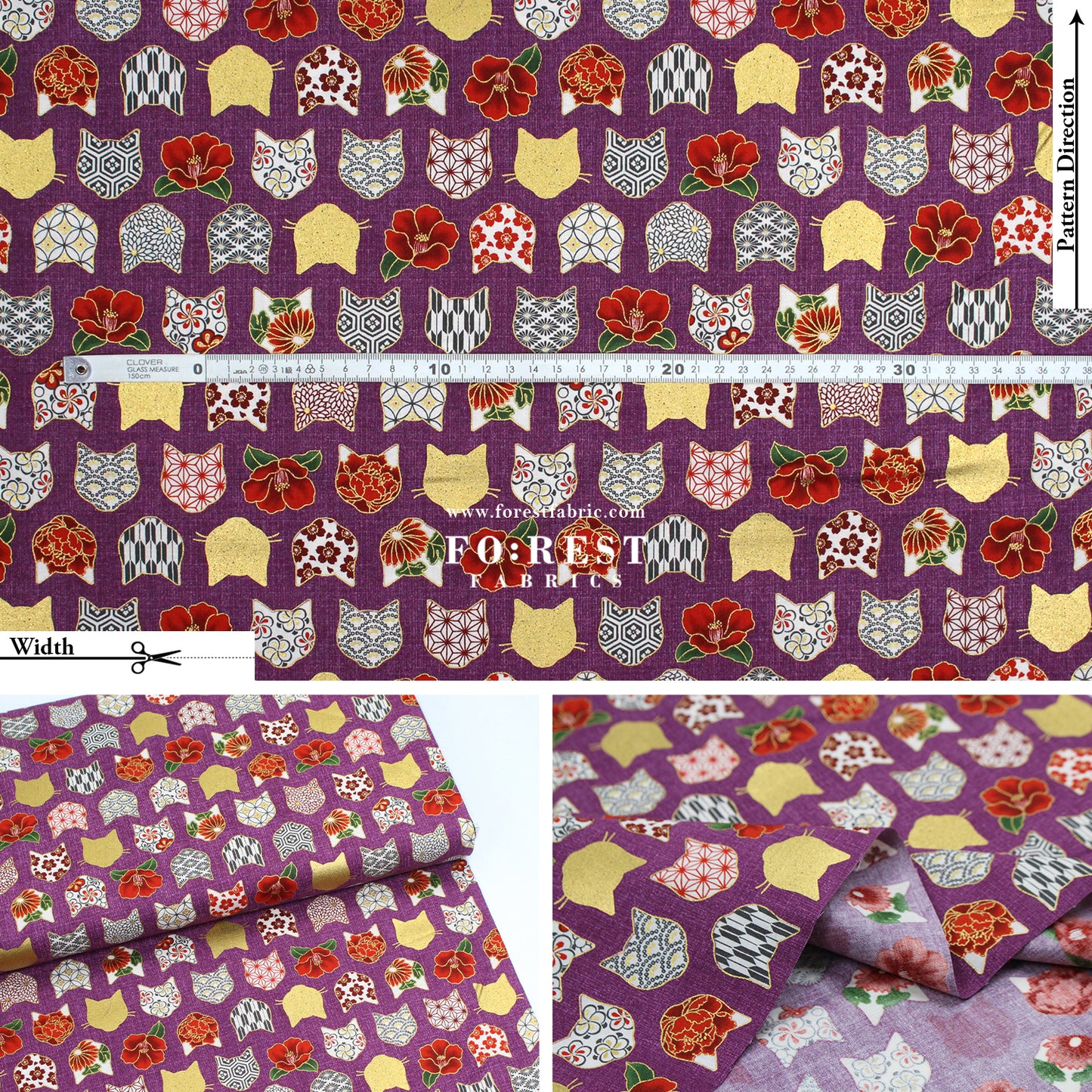 cotton - Tsubaki flower cat fabric Purple