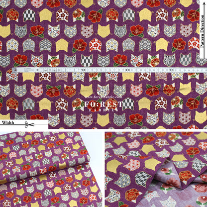 cotton - Tsubaki flower cat fabric Purple