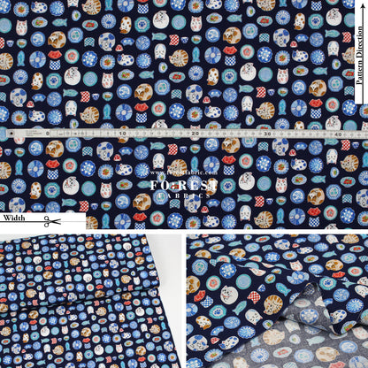 cotton - Cat Bowls & Dishes fabric Navy