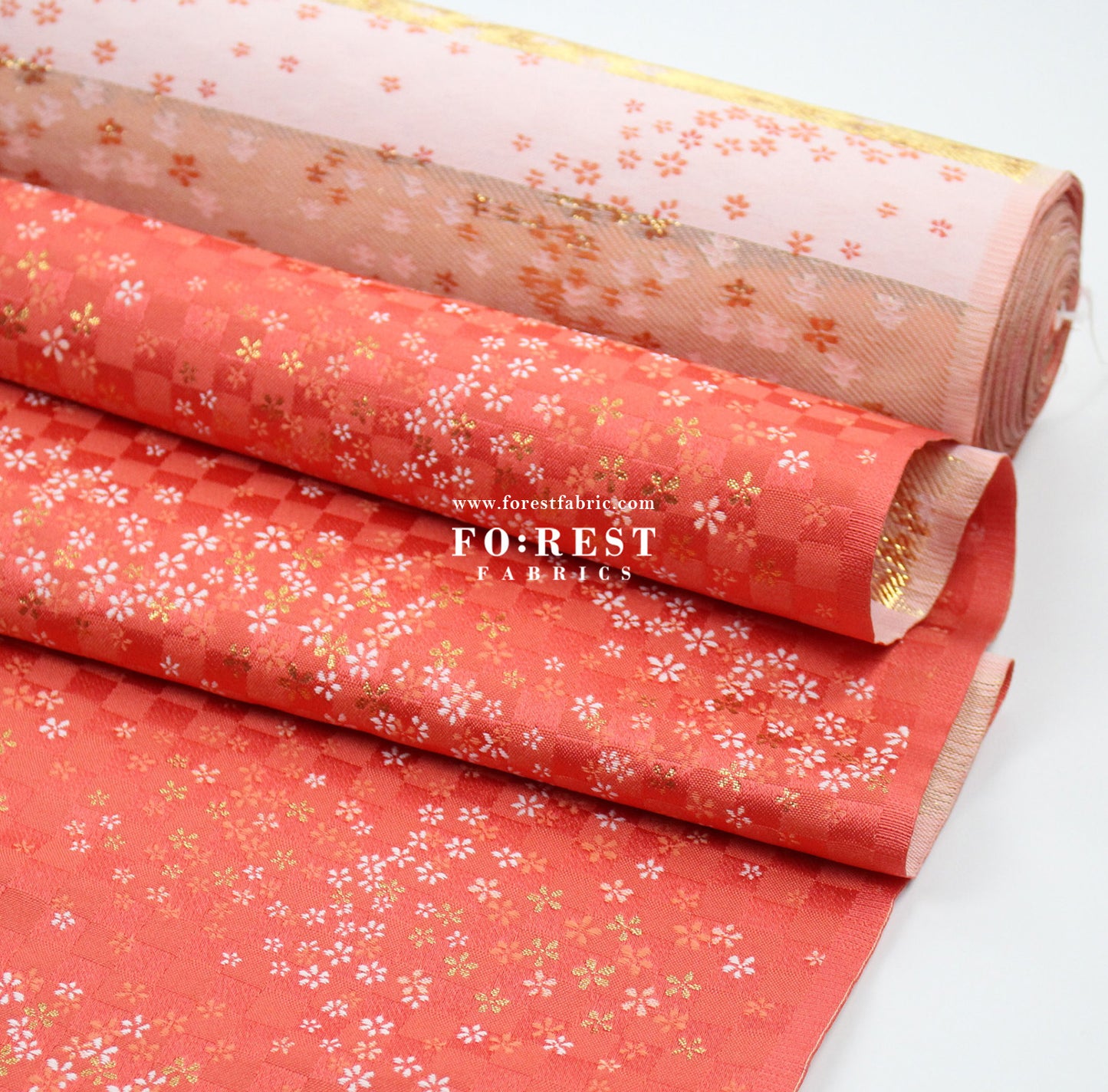 Gold Brocade - Tiny Flower grid fabric Orange Red