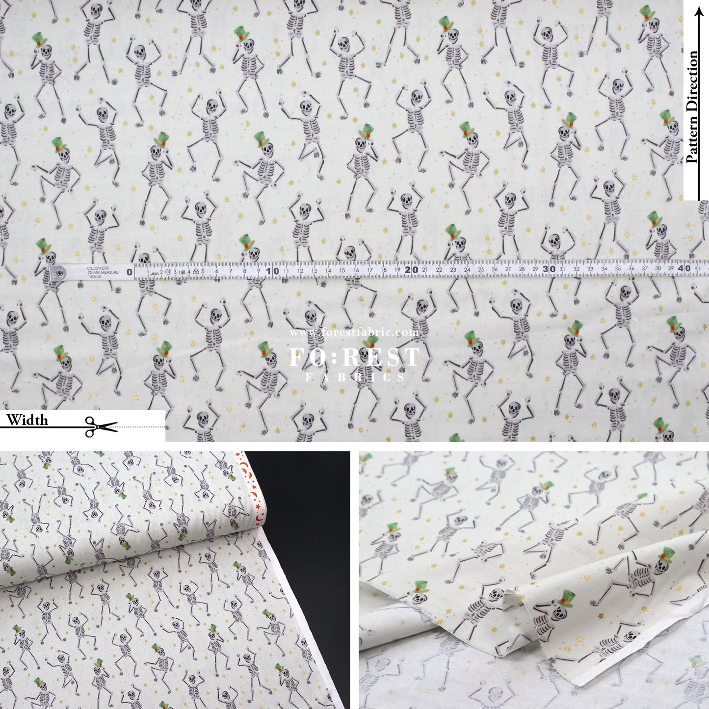 cotton - Skeletons Cream Metallic fabric