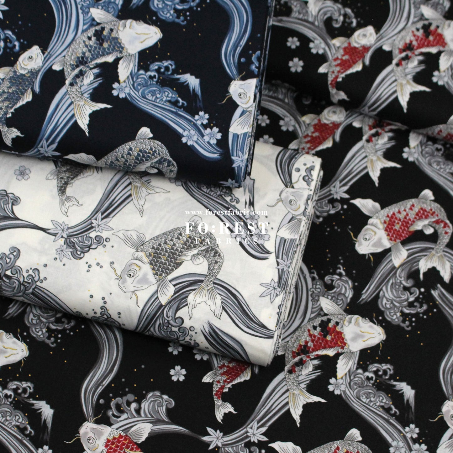 cotton - Koi Fuji mountain with metallic fabric Black