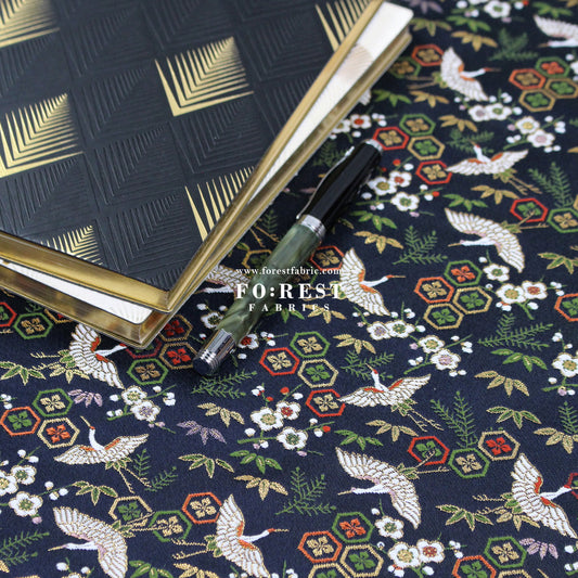 Gold Brocade - Crane fabric Navy