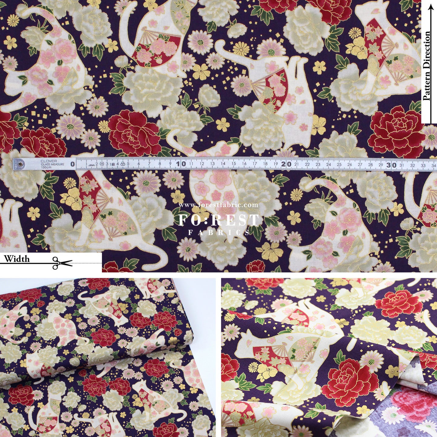 cotton - Peony Blooms cat fabric Purple