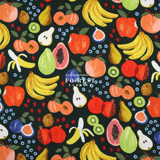 cotton Linen Canvas - Orchard Fruit Stand fabric Dark Green