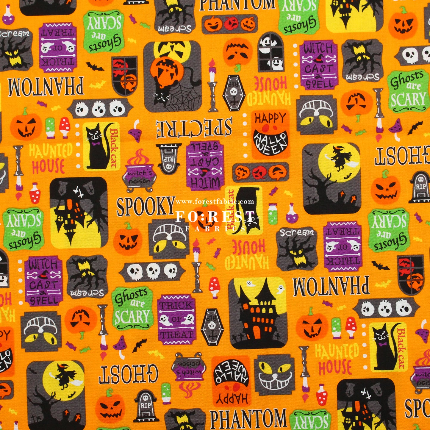 cotton - Halloween CATS fabric Orange