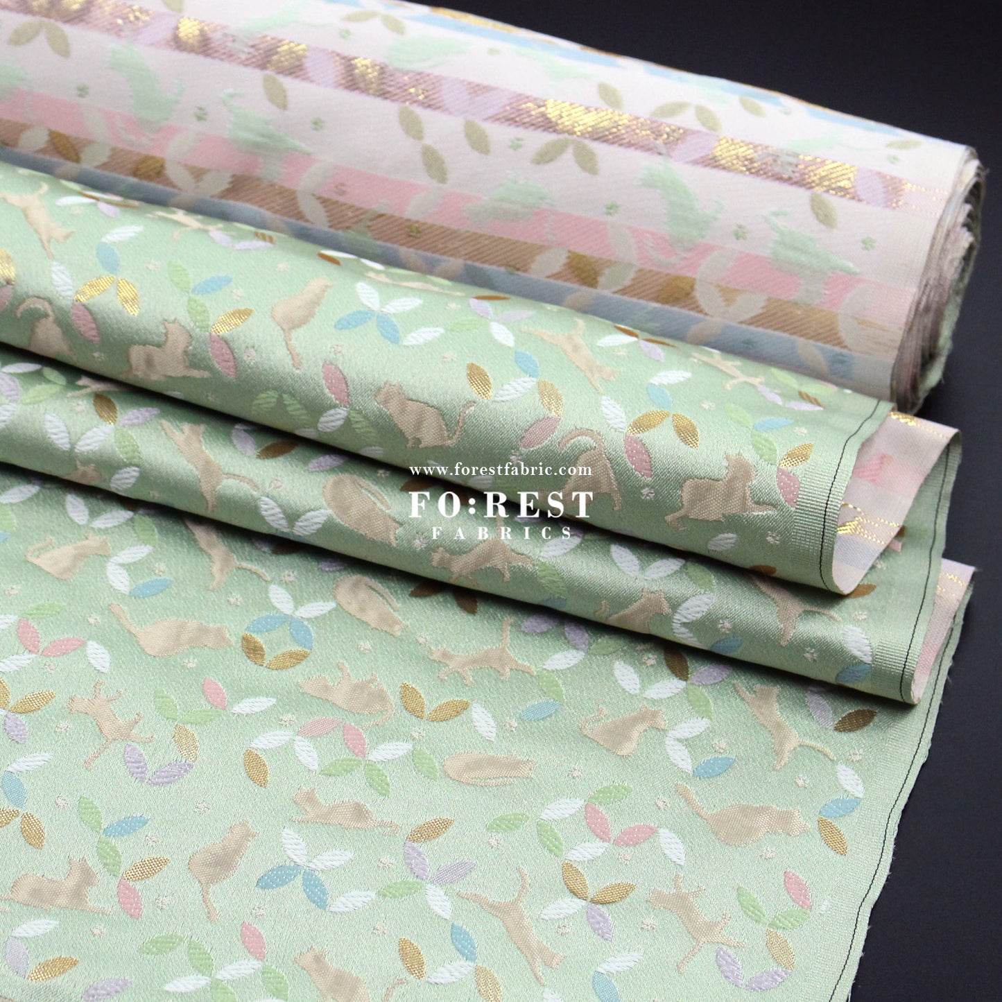 Gold Brocade - Shippo Cats fabric Light Green