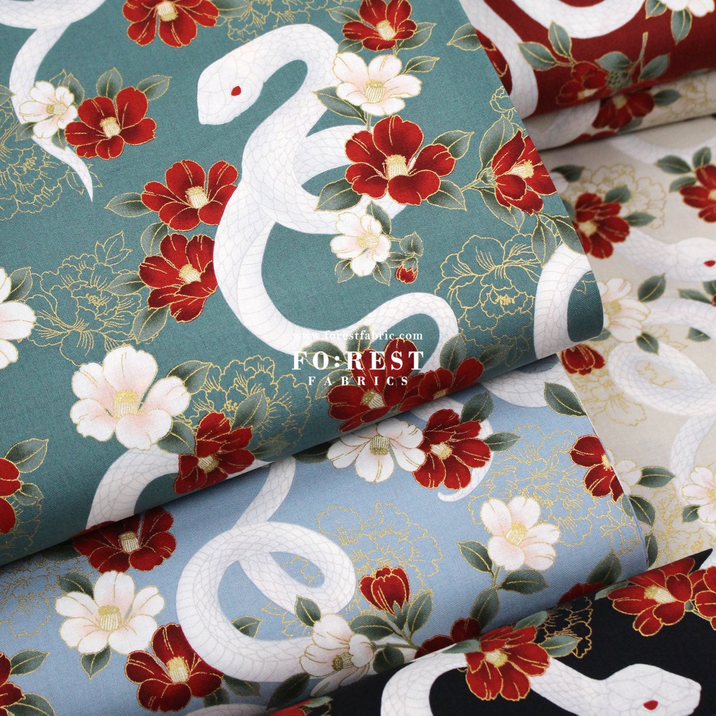 cotton - Sanke Peony金彩白蛇 fabric Green