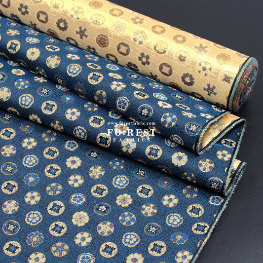 Gold Brocade - Kamon Family crest fabric Navy