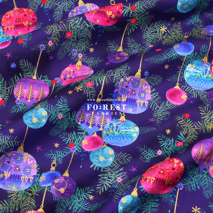 cotton - Christmas ball Metallic fabric Purple