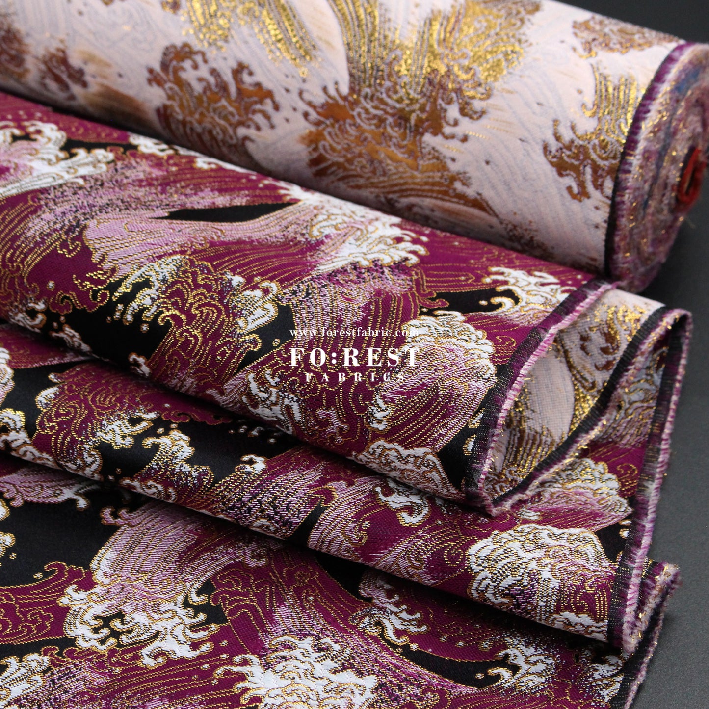 Gold Brocade - The Great Wave沖浪裏 fabric DarkPurple