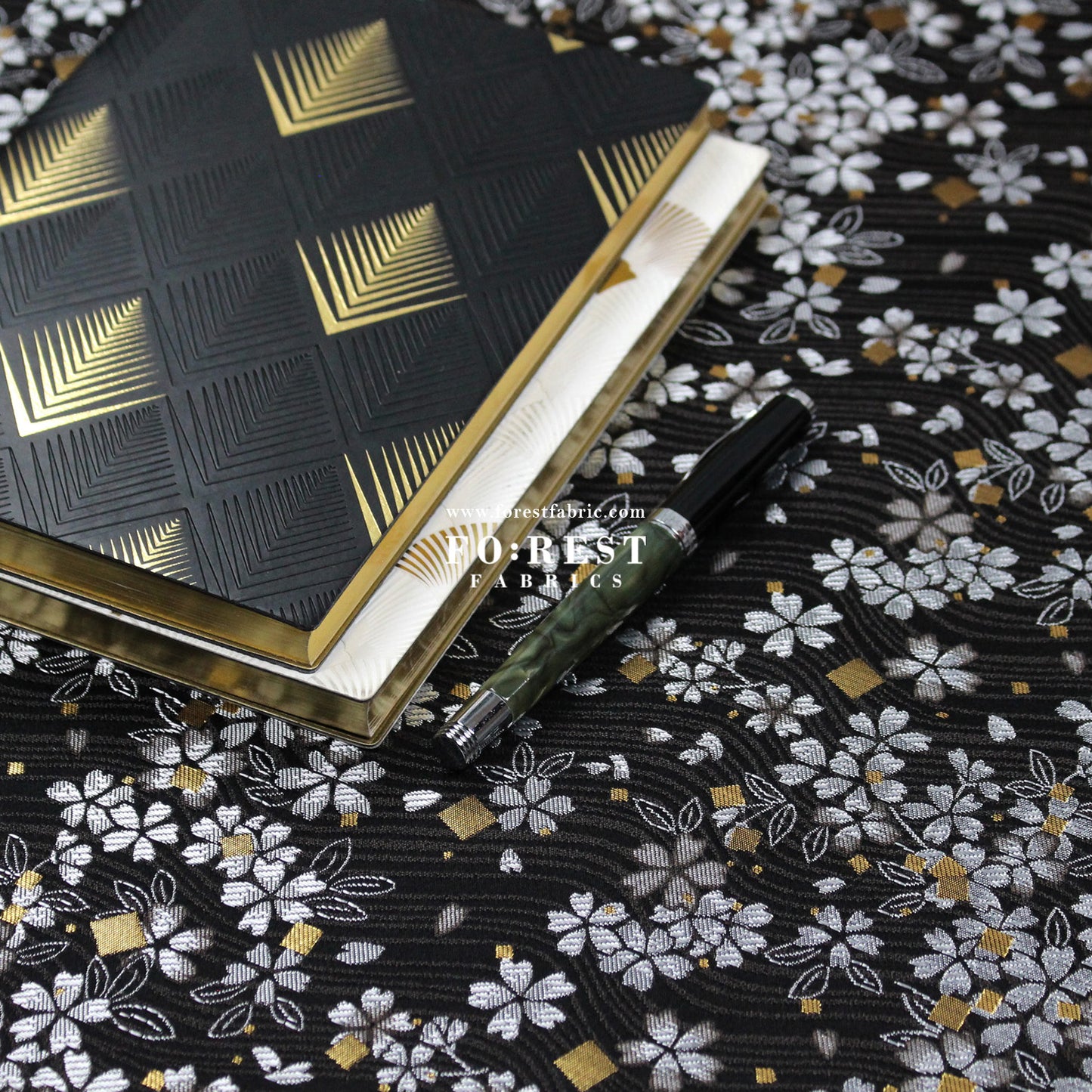 Gold Brocade - Square Sakura River fabric Black