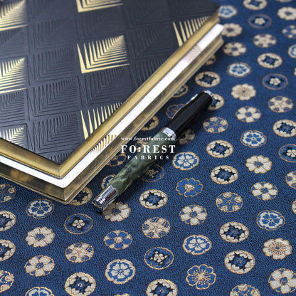 Gold Brocade - Kamon Family crest fabric Navy