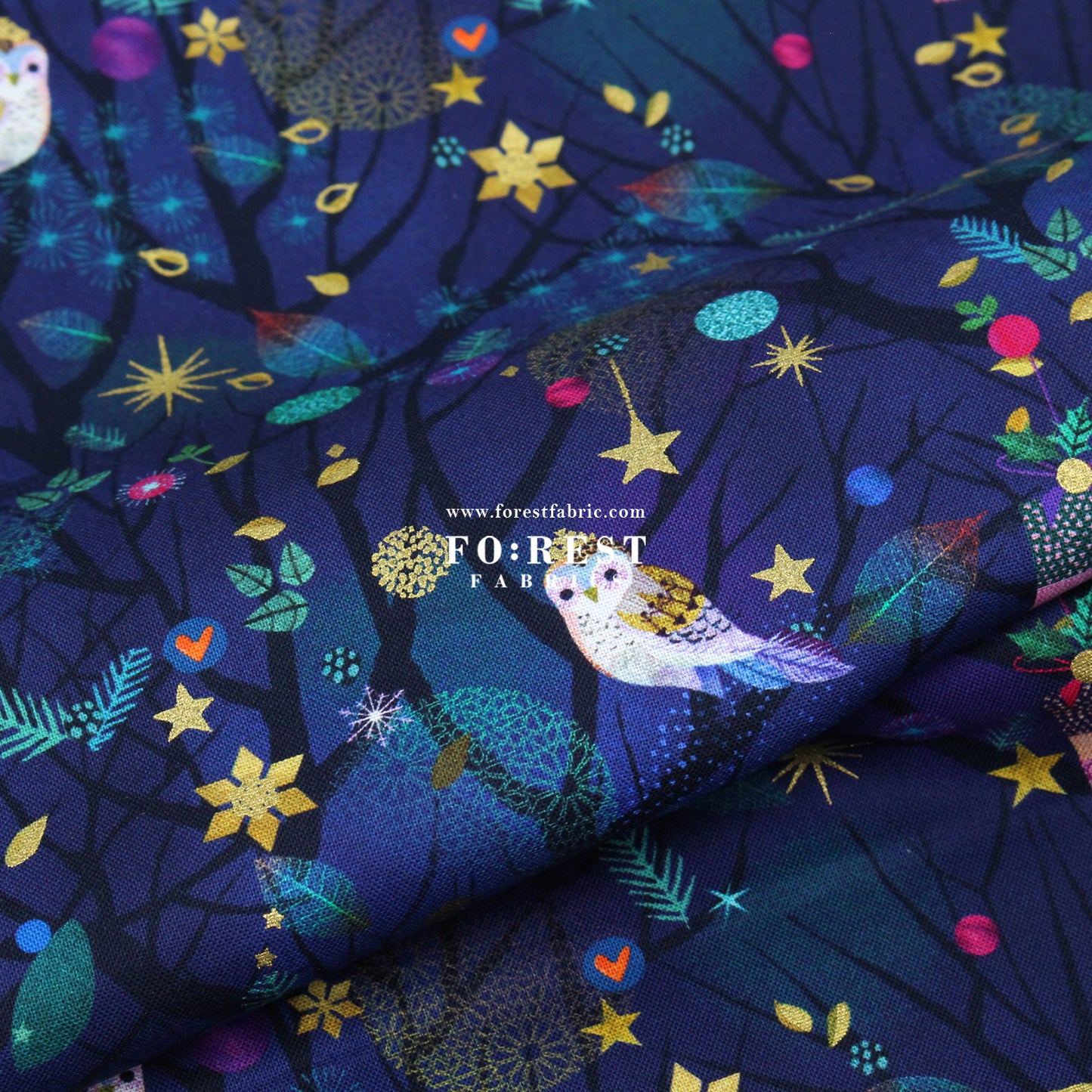 cotton - Christmas owl Metallic fabric Navy