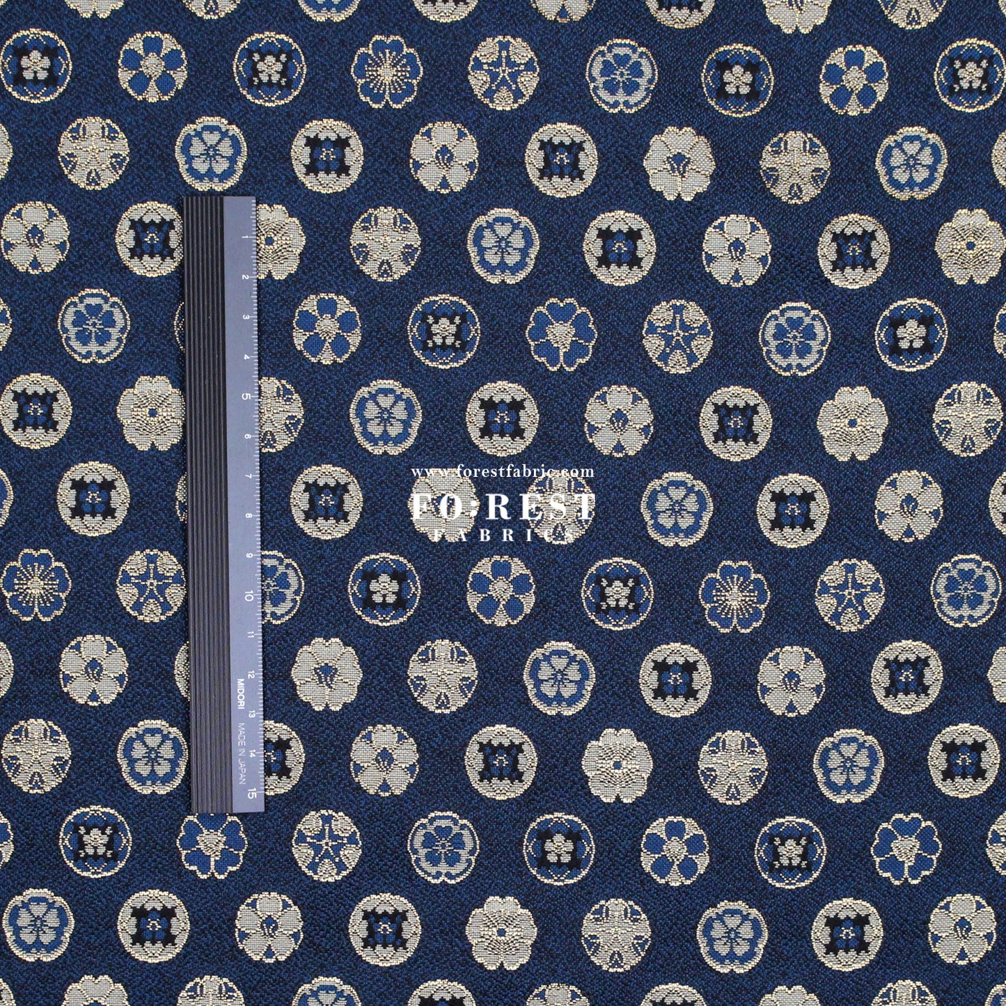 Gold Brocade - Kamon Family crest fabric Navy