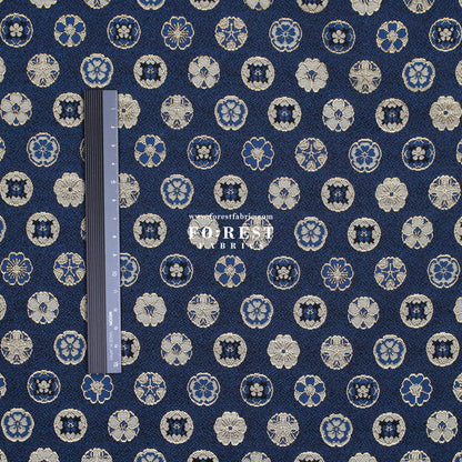 Gold Brocade - Kamon Family crest fabric Navy