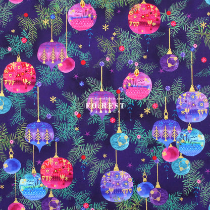 cotton - Christmas ball Metallic fabric Purple