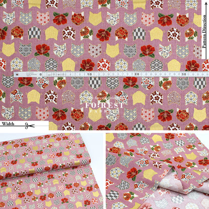 cotton - Tsubaki flower cat fabric Pink