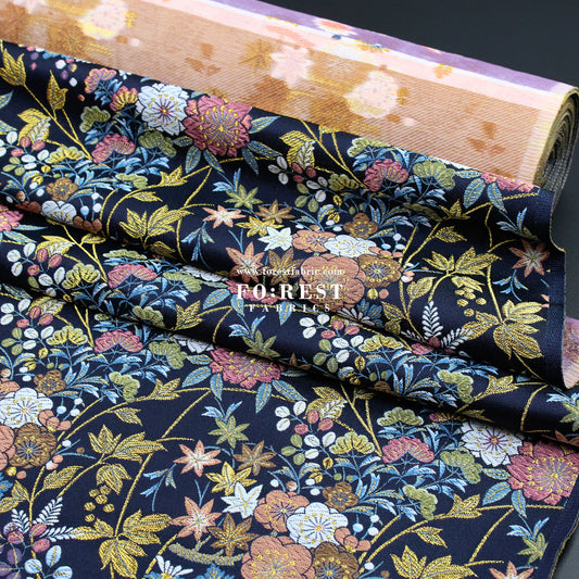 Gold Brocade - Wild Flower fabric Navy