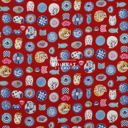 cotton - Cat Bowls & Dishes fabric Red