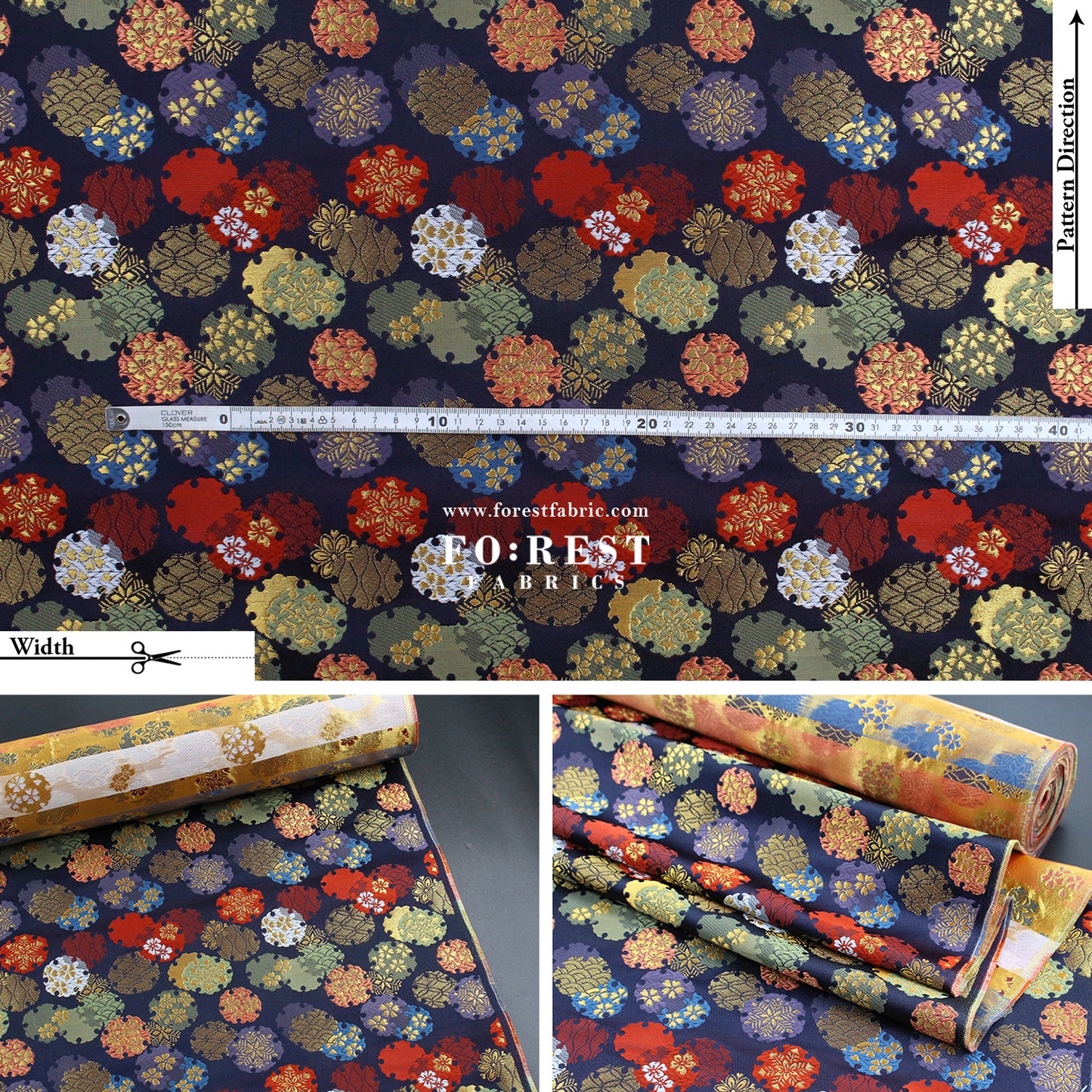 Gold Brocade - Yukiwa Snow 雪輪 fabric NAVY