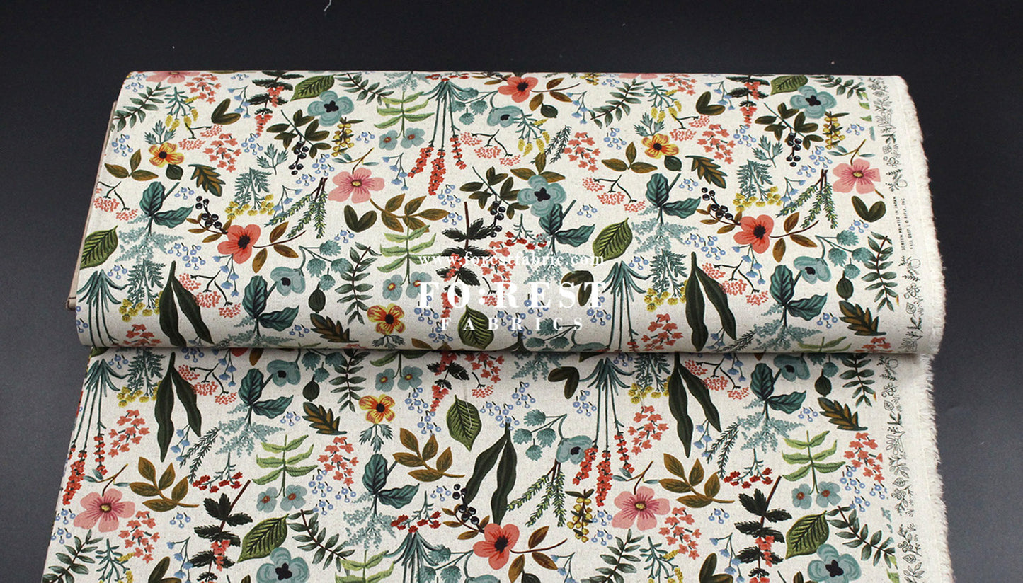 cotton Linen Canvas - Herb Garden Floral fabric NATURAL